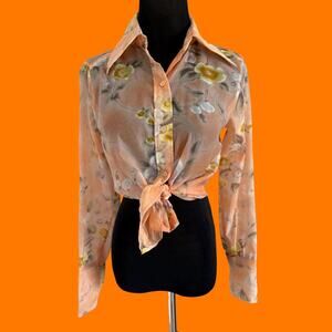 70's vintage floral chiffon dagger collar blouse Size 10 lady arrow